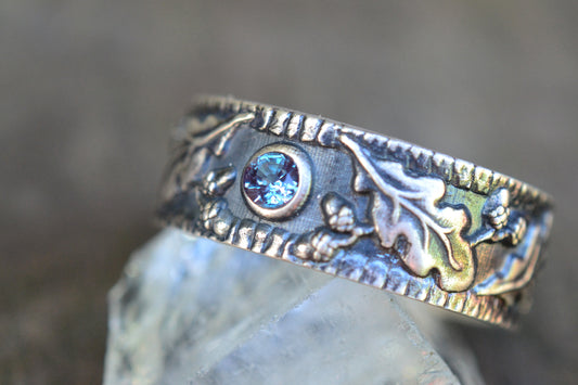 Pagan Wedding Band With Oak Leaf Acorn Pattern & Lab Alexandrite