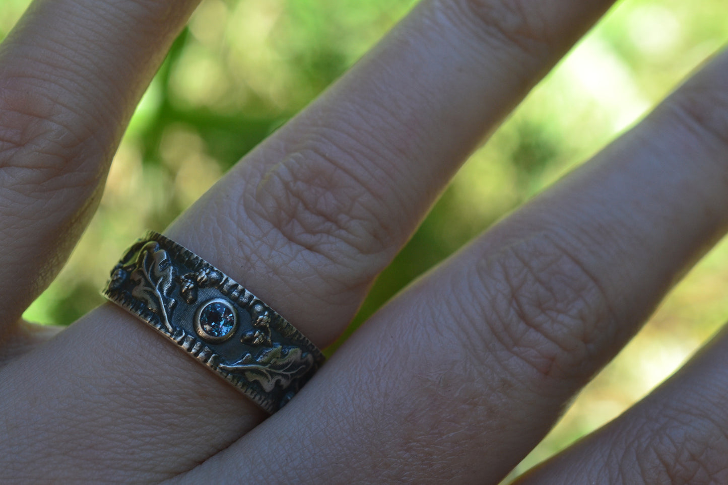 3mm Alexandrite Wedding Band With Oak Leaf Design