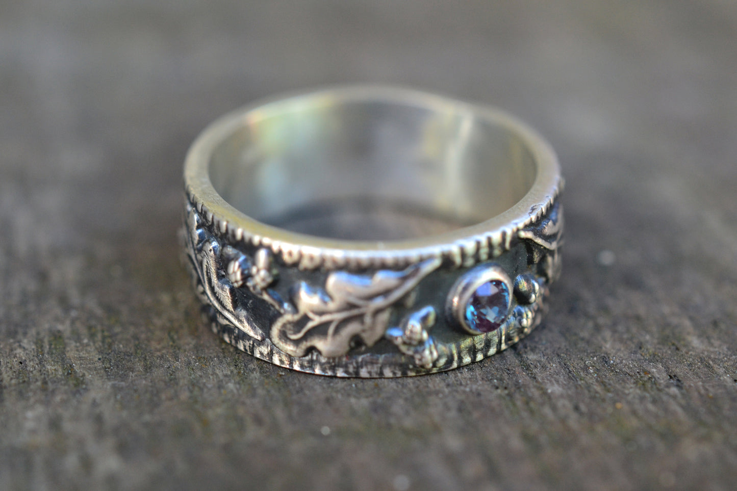 Nature Inspired Oak Leaf & Acorn Wedding Band With Lab Alexandrite