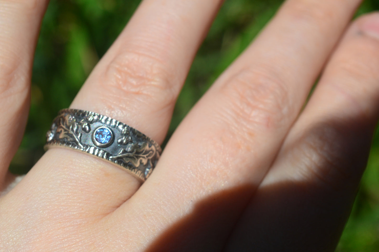 Custom Made Men's Druid Oak Leaf Wedding Band With Lab Alexandrite