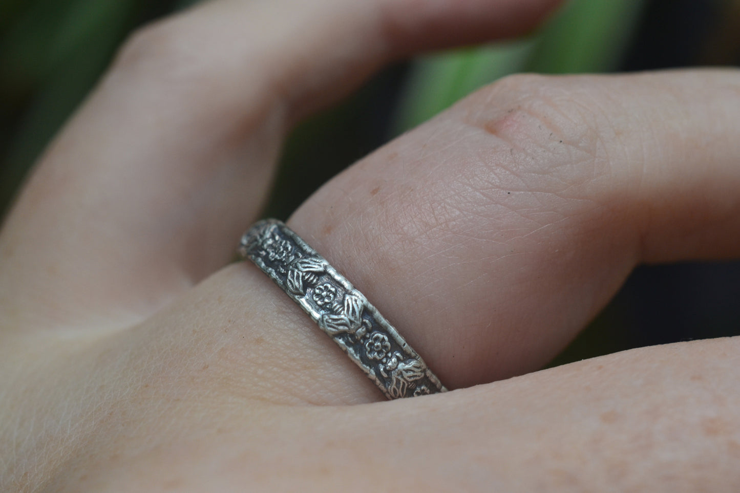 Womens Rose & Bee Wedding Band in Silver