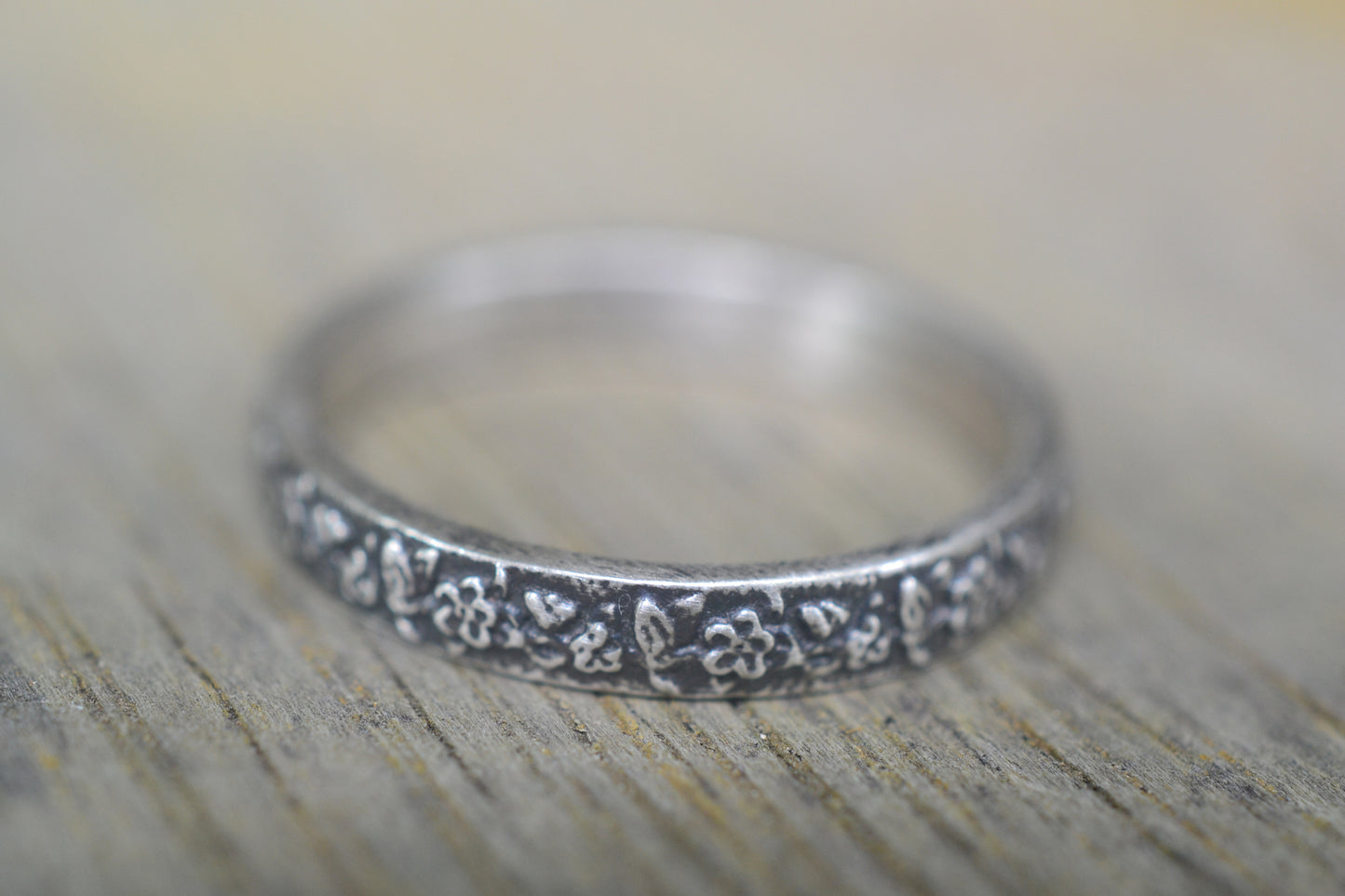 Narrow Silver Rose & Leaf Wedding Ring