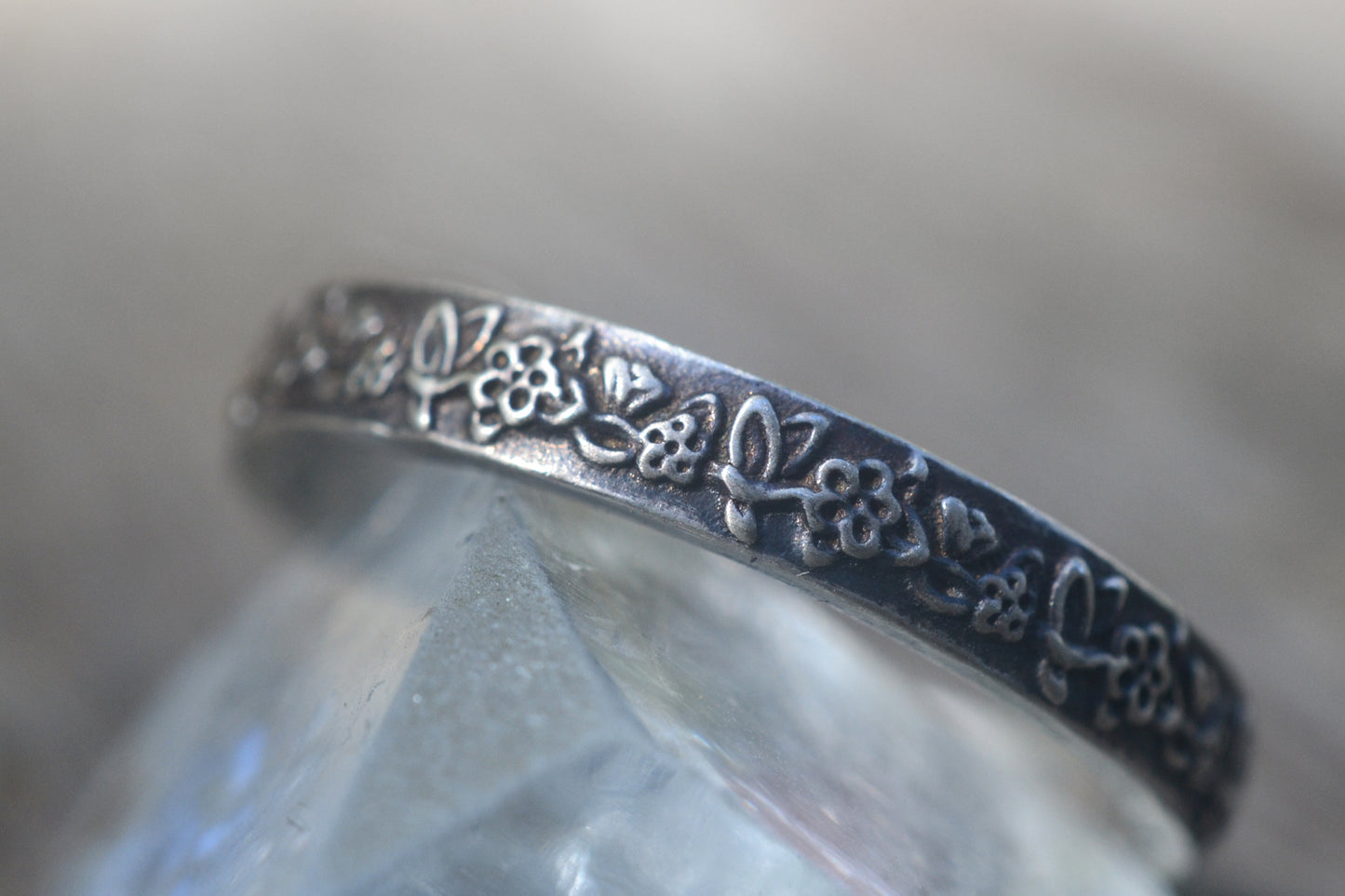 Oxidised Silver Rose Leaf Wedding Band