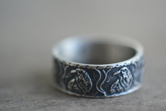 Gothic Raven Wedding Band in Oxidised Silver