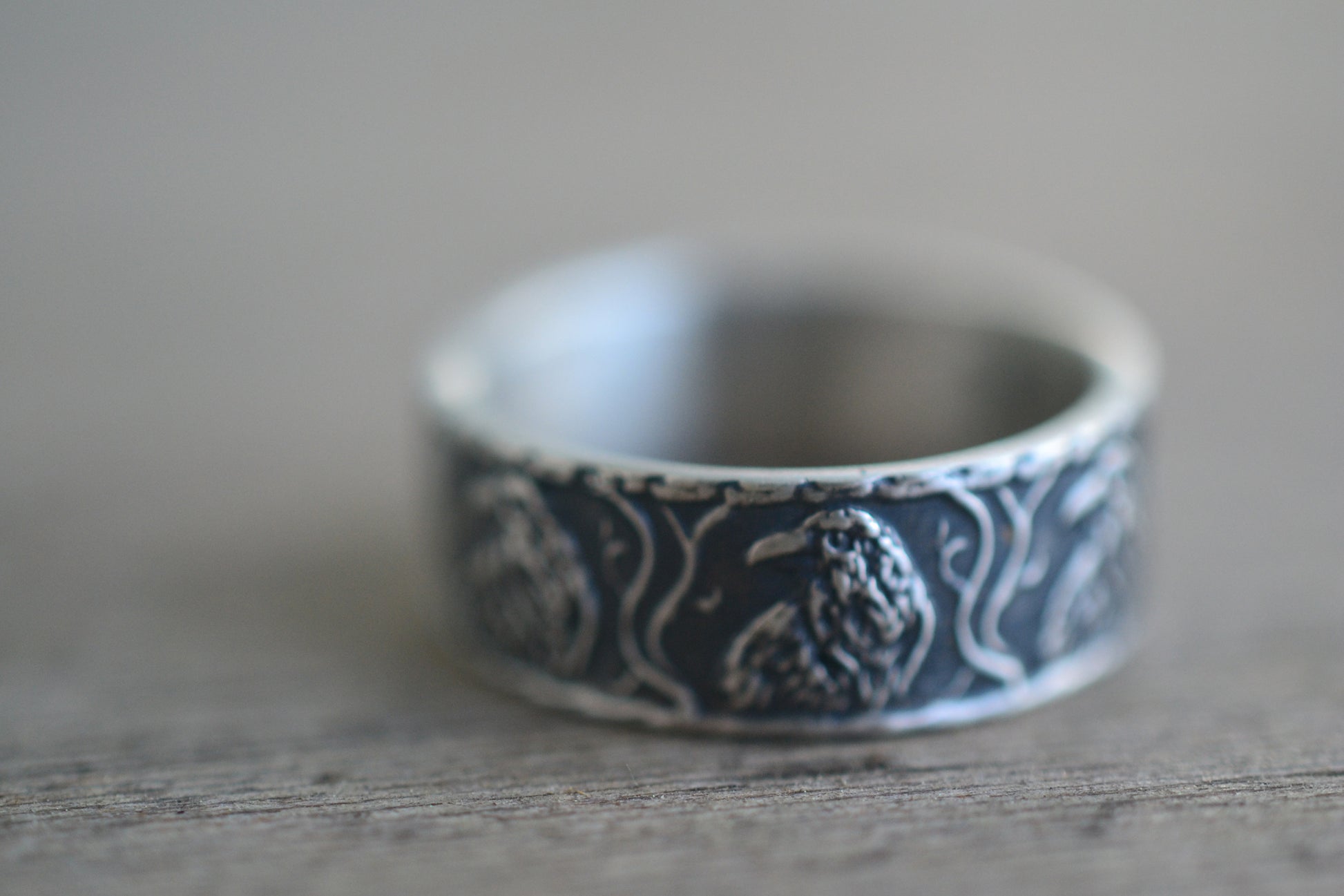 Mens Gothic Raven Wedding Band in Silver