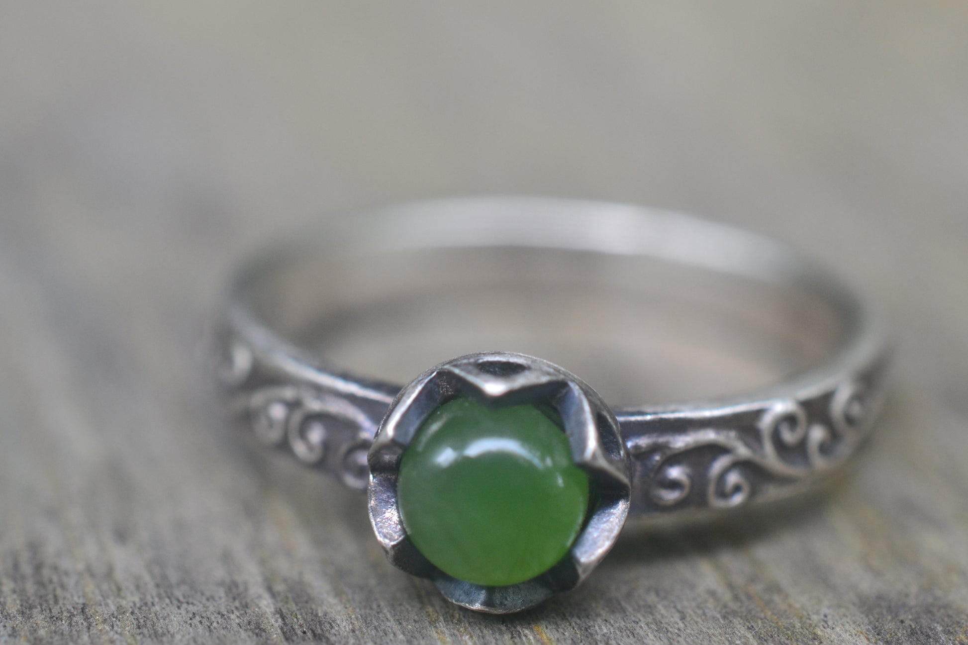 Nephrite Jade Ring With Silver Swirl Band