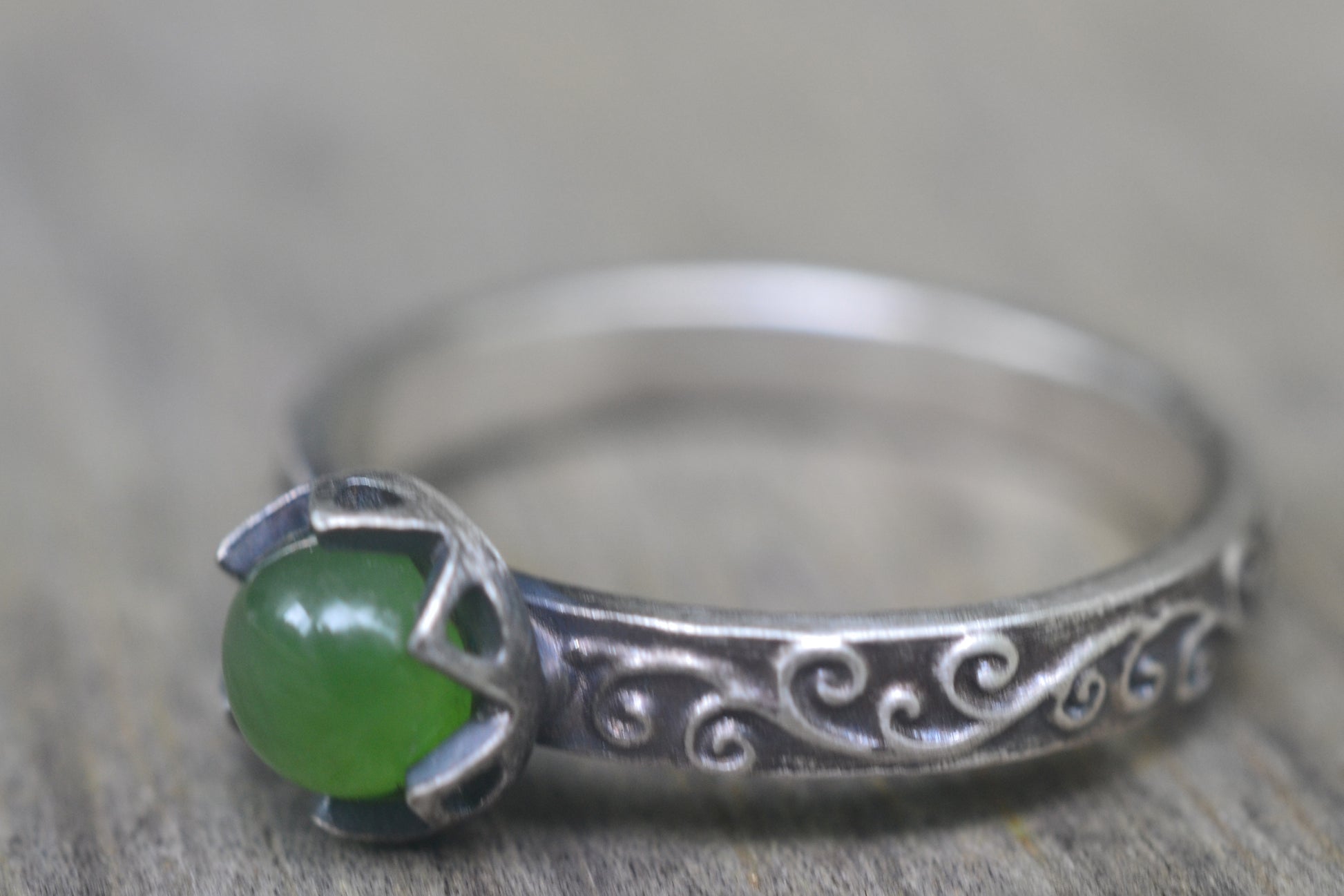 Oxidised Silver Swirl Ring With Green Jade