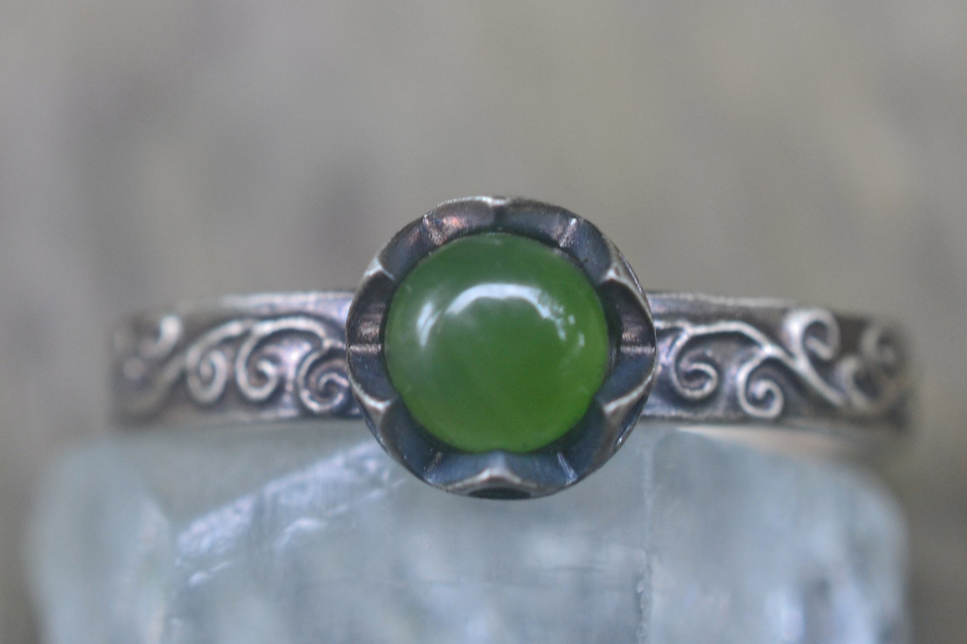 Oxidised Silver Swirl Ring With Nephrite Jade