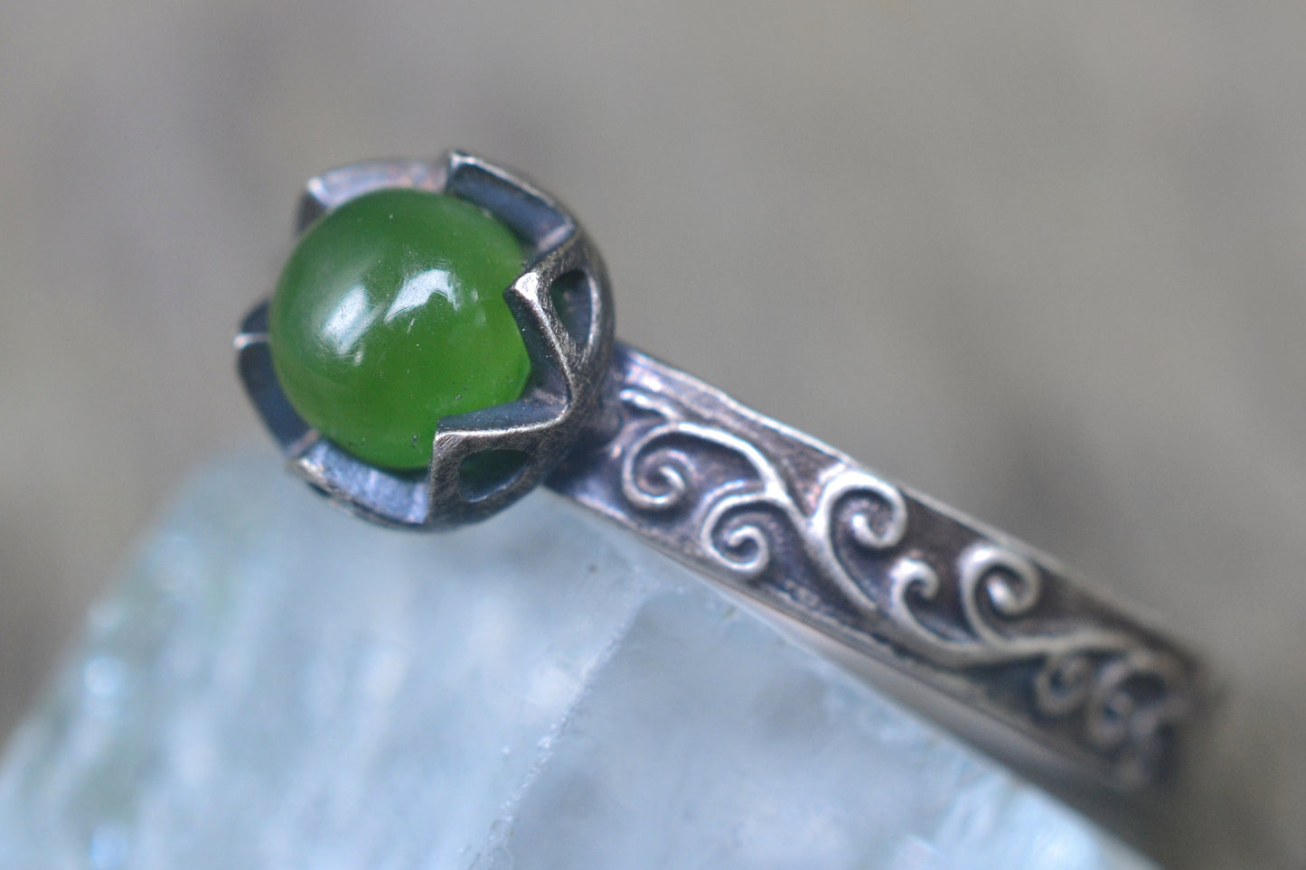 Jade Cabochon Ring in Oxidised Silver