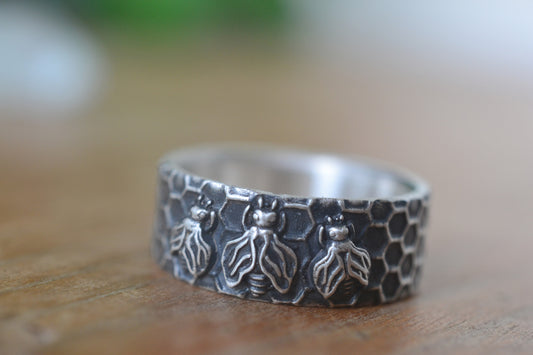 Oxidised Silver Triple Honeybee Band