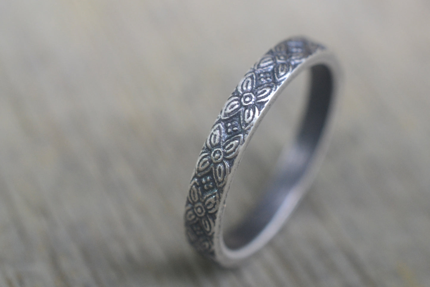 Oxidised Silver Carved Flower Wedding Band