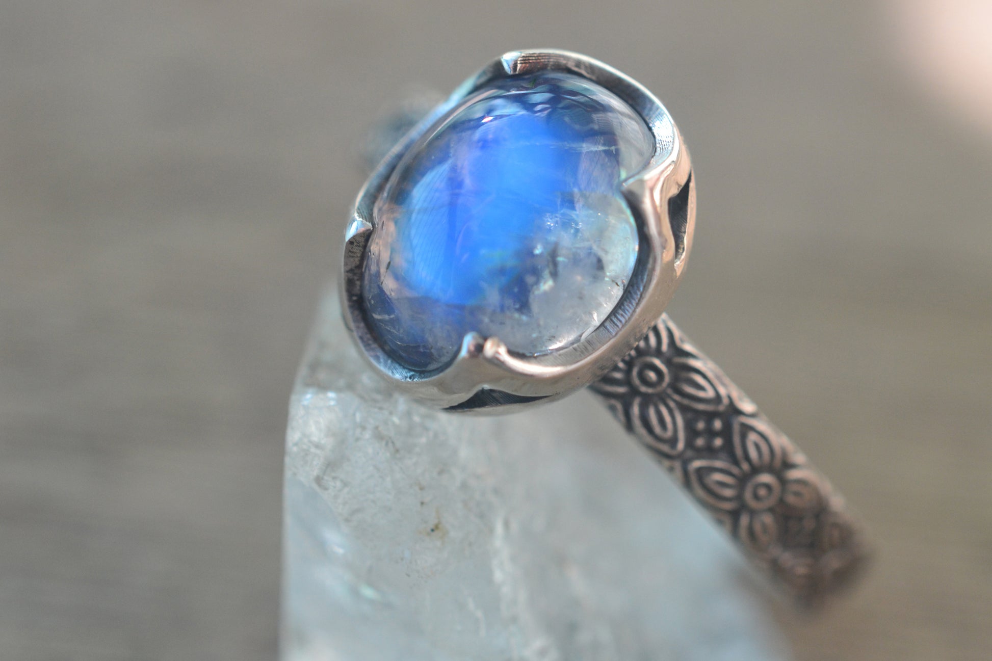 Victorian Style Poesy Ring With Rainbow Moonstone