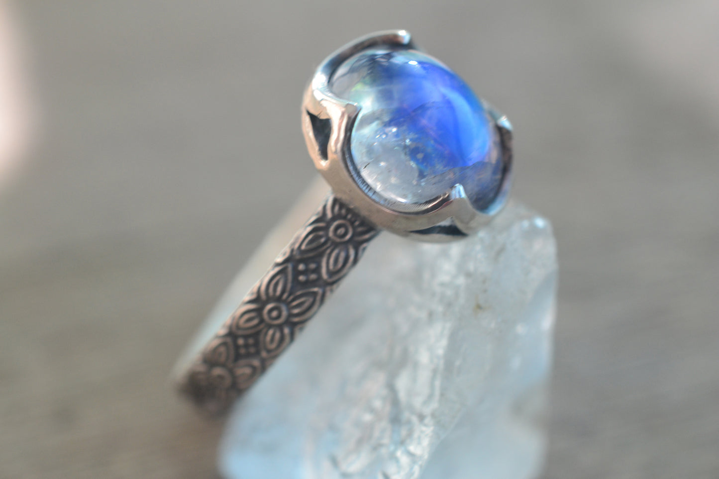 Oval Rainbow Moonstone Ring in Oxidised Silver