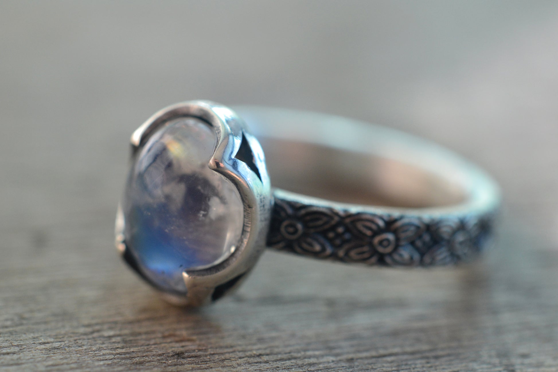 Gothic Floral Cocktail Ring With Rainbow Moonstone