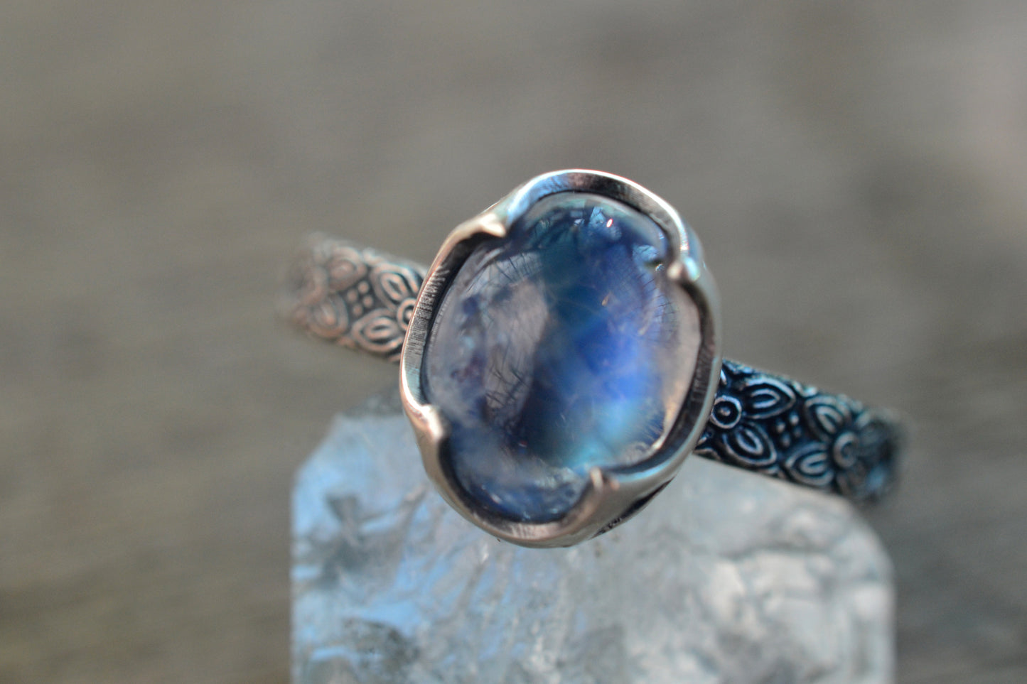 Rainbow Moonstone Cabochon Ring in Oxidised Silver