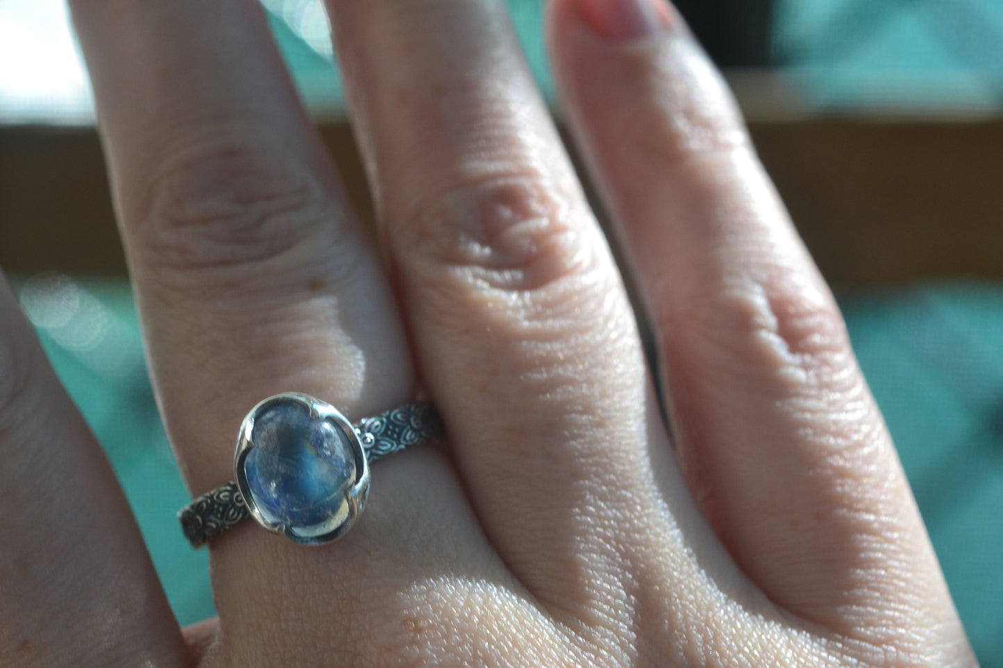 Gothic Oxidised Silver Rainbow Moonstone Ring