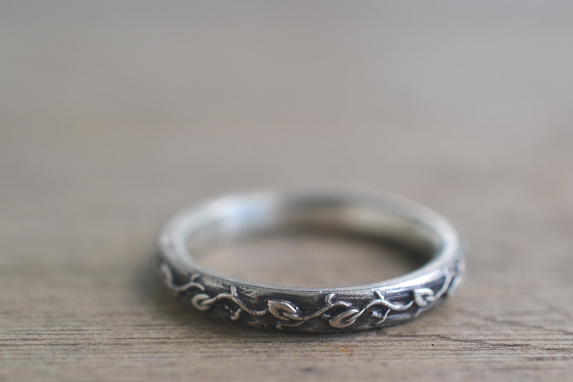 Oxidised Silver Vine Leaf Wedding Band 