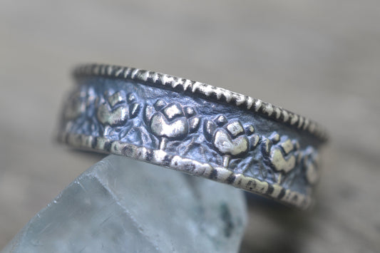 Oxidised Silver Lotus Wedding Band for Men