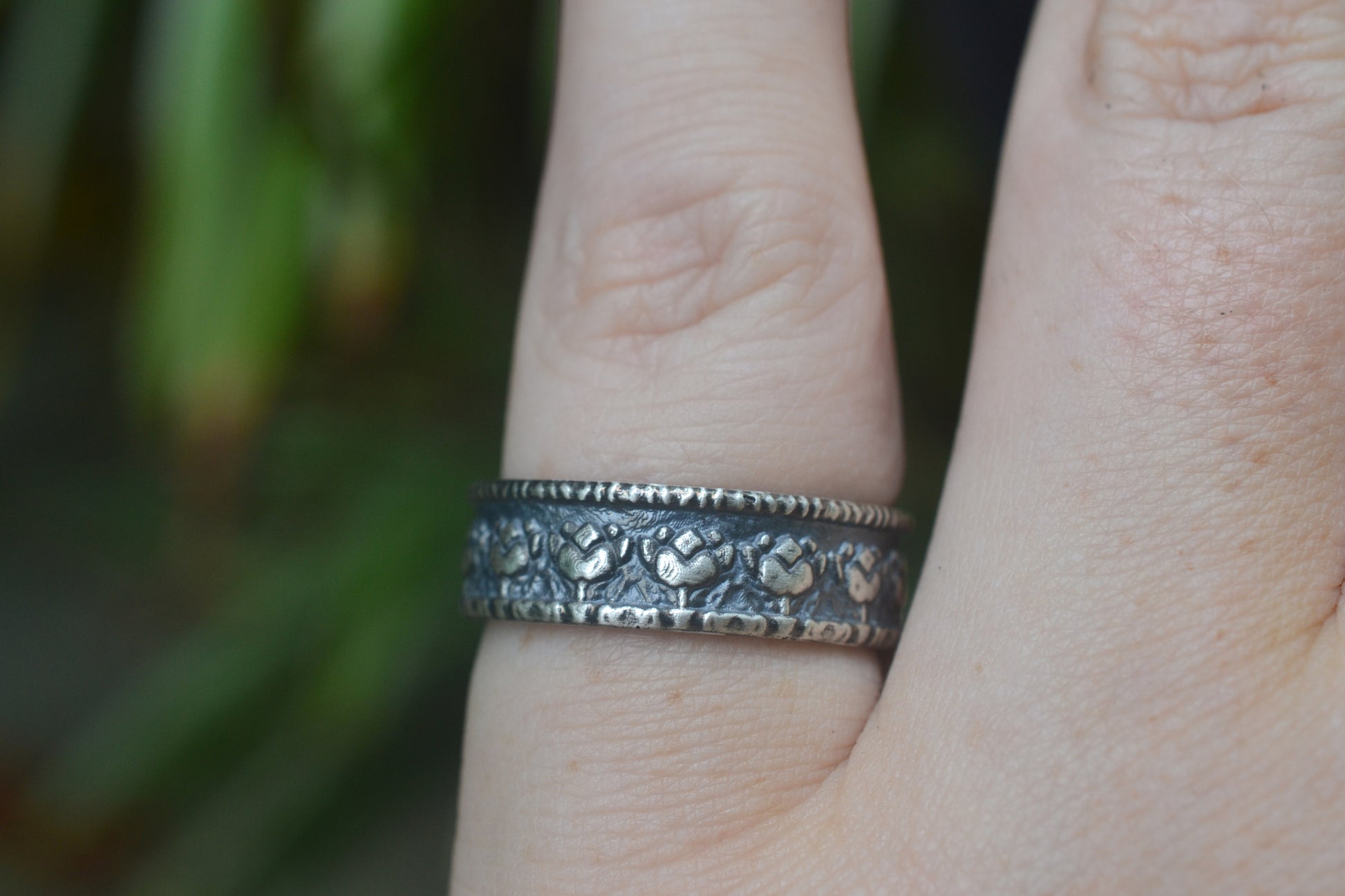 Oxidised 925 Silver Lotus Flower Wedding Ring
