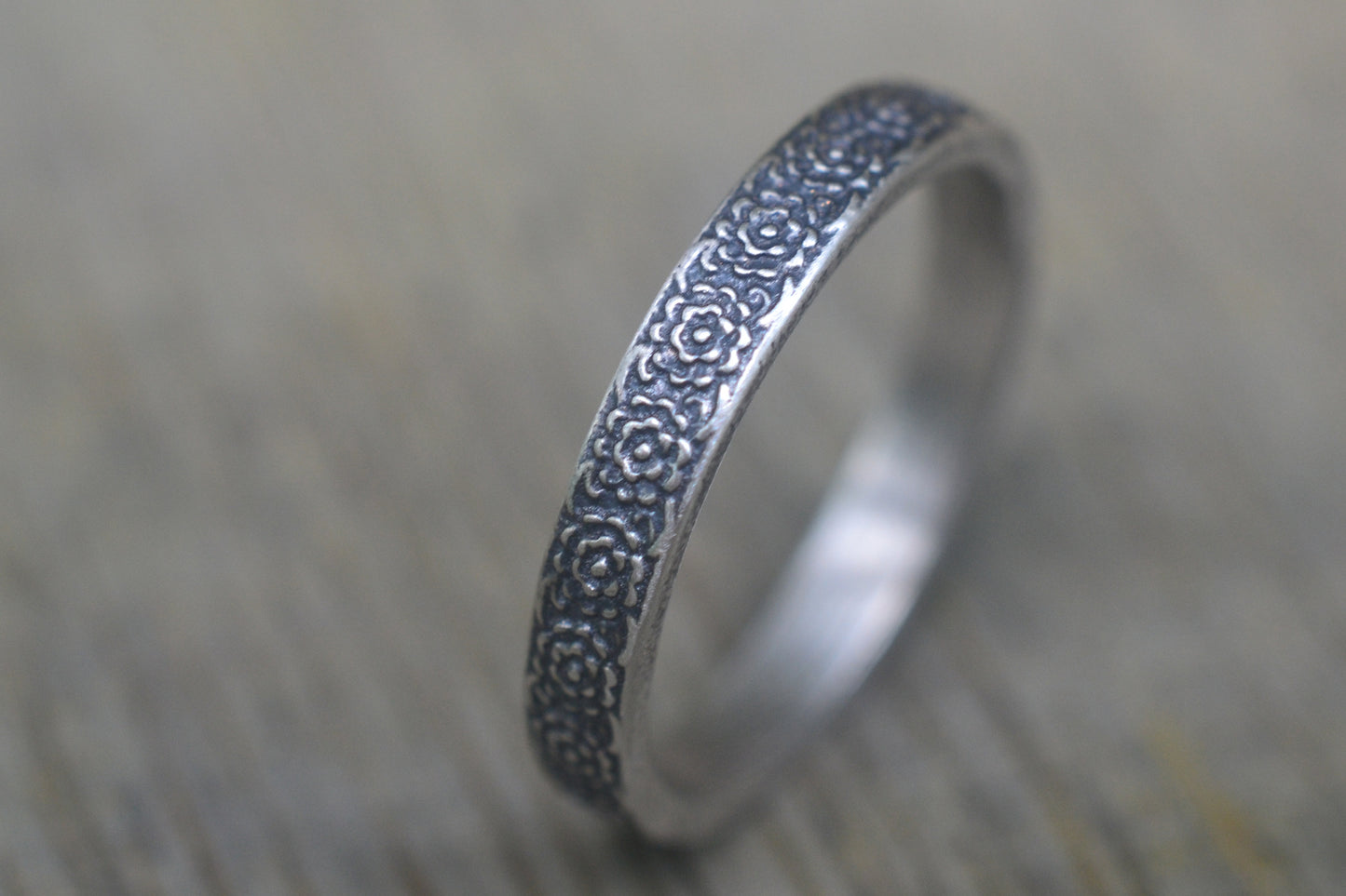 Oxidised Silver Womens Wildflower Wedding Ring