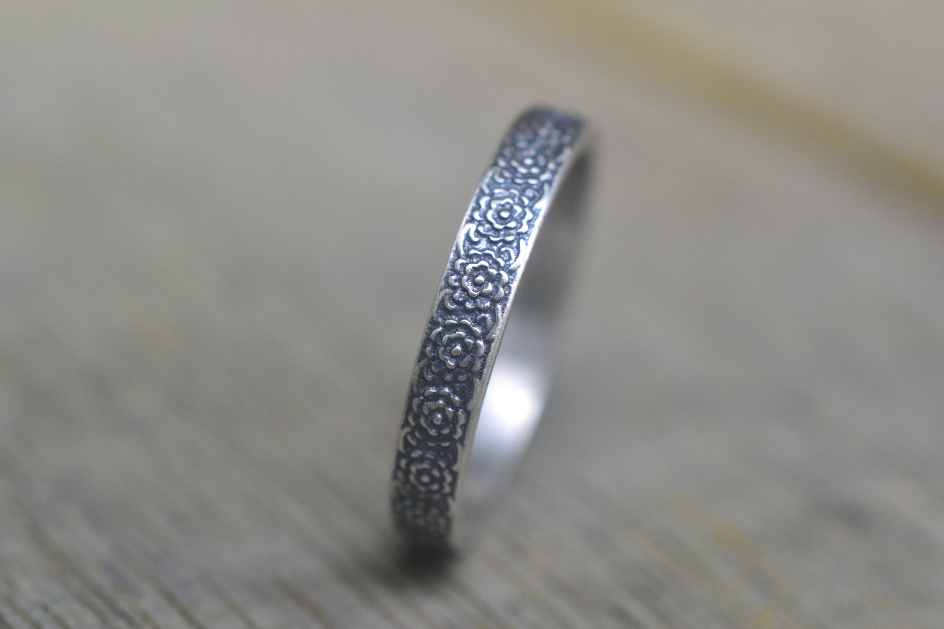 Womens Narrow Silver Wildflower Wedding Ring