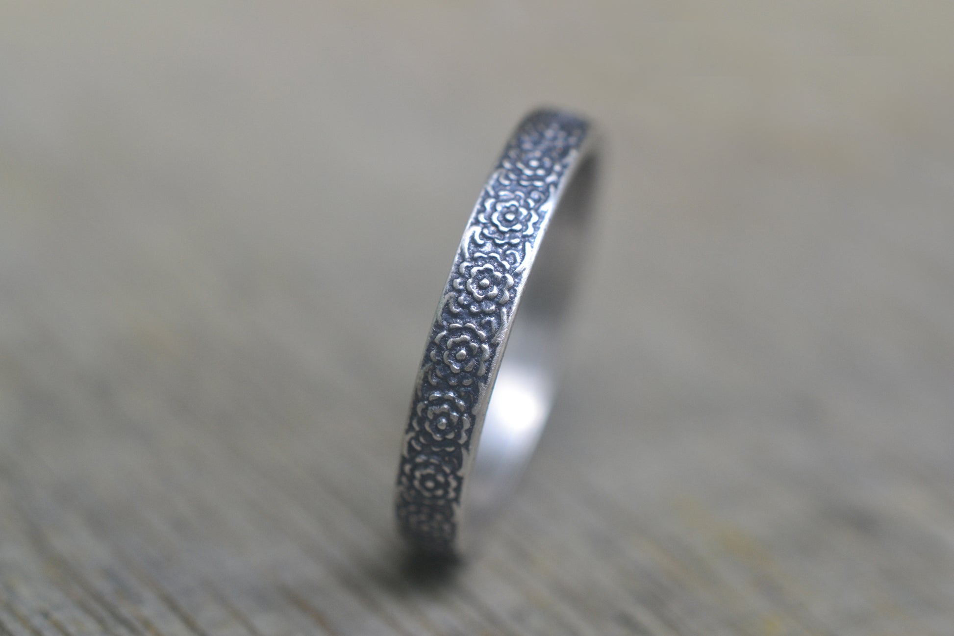 3mm Oxidised Silver Flower Wedding Ring