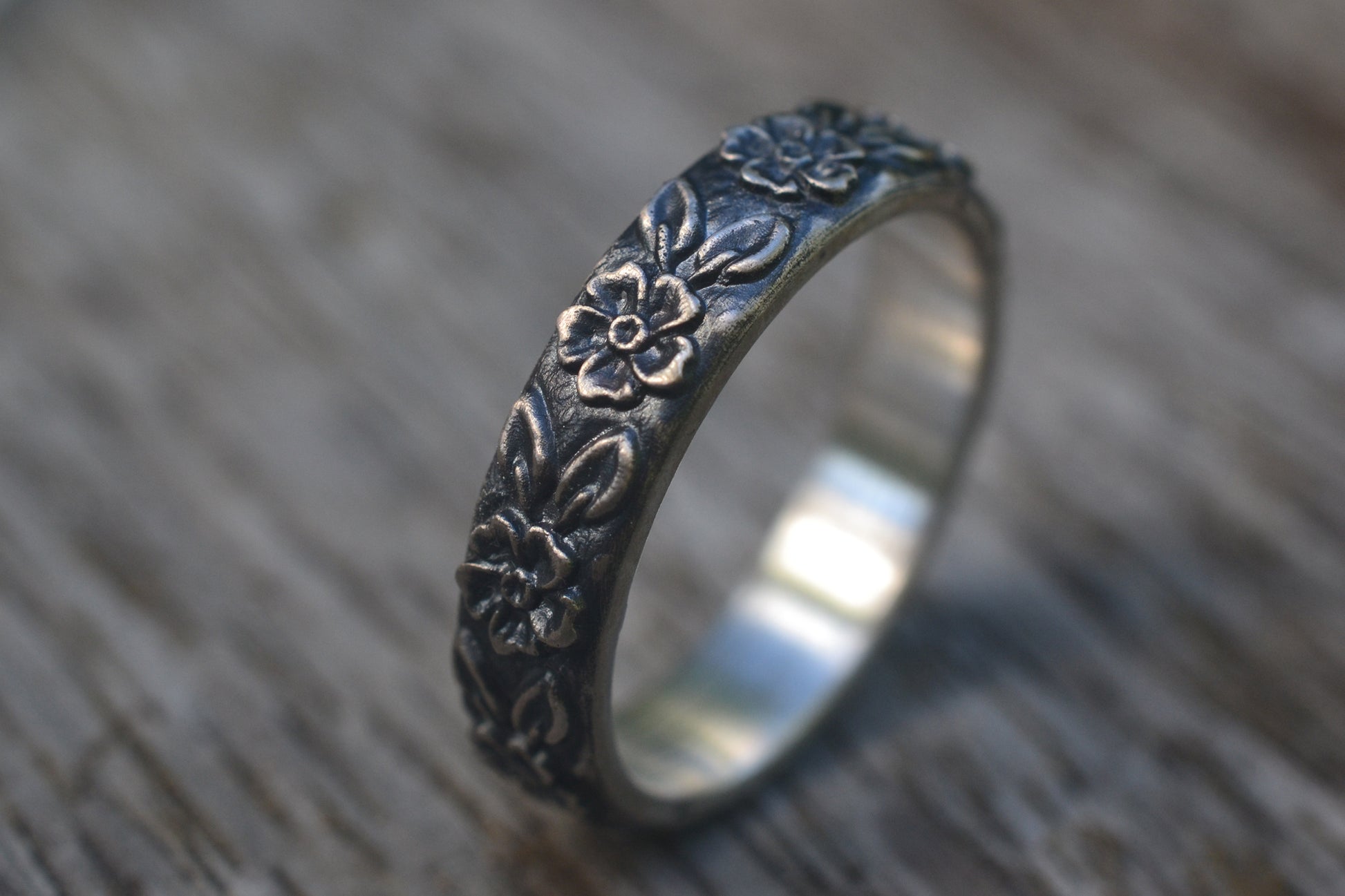 Carved Silver Flower Wedding Ring