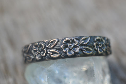 Oxidised Silver Wild Rose Wedding Band