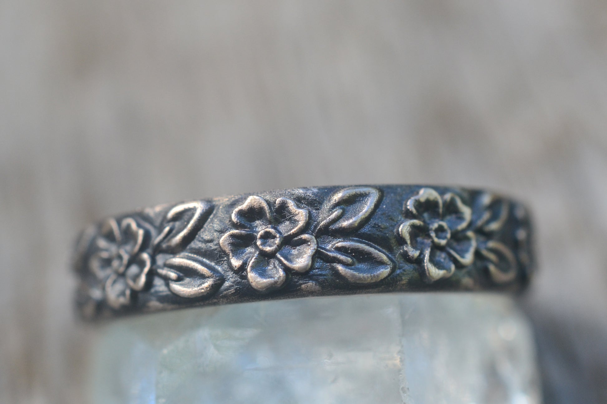 Carved Silver Rose Band with Oxidised Finish