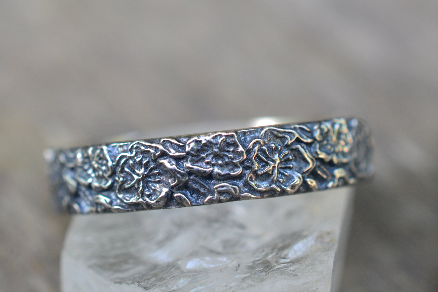 Oxidised Silver Peach Blossom Wedding Ring