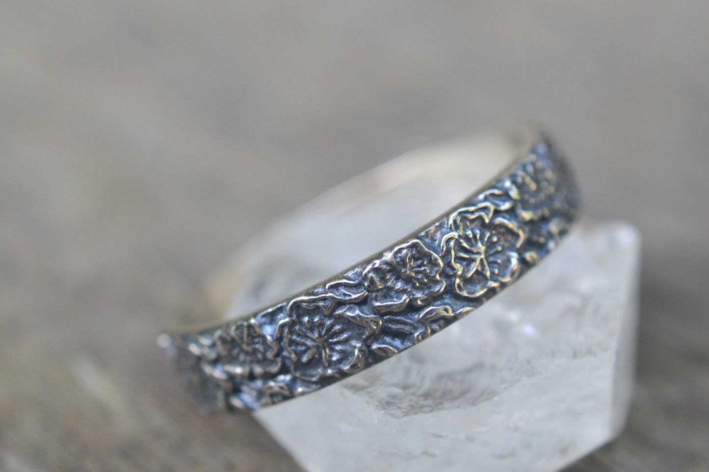 Oxidised Silver Flower Wedding Band