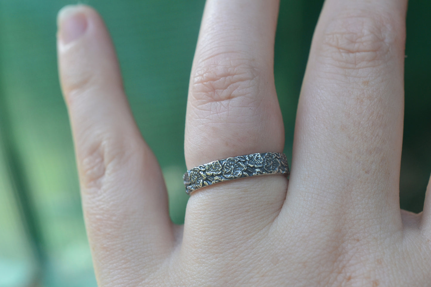 Womens Oxidised Silver Peach Blossom Ring