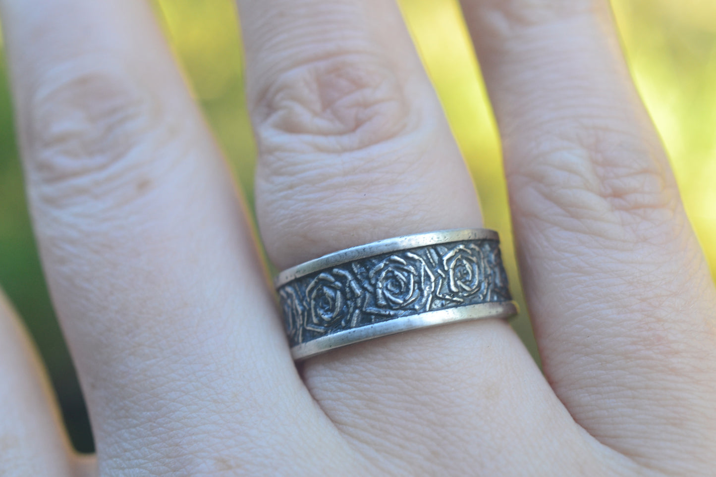 Oxidised Sterling Silver Floral Wedding Band