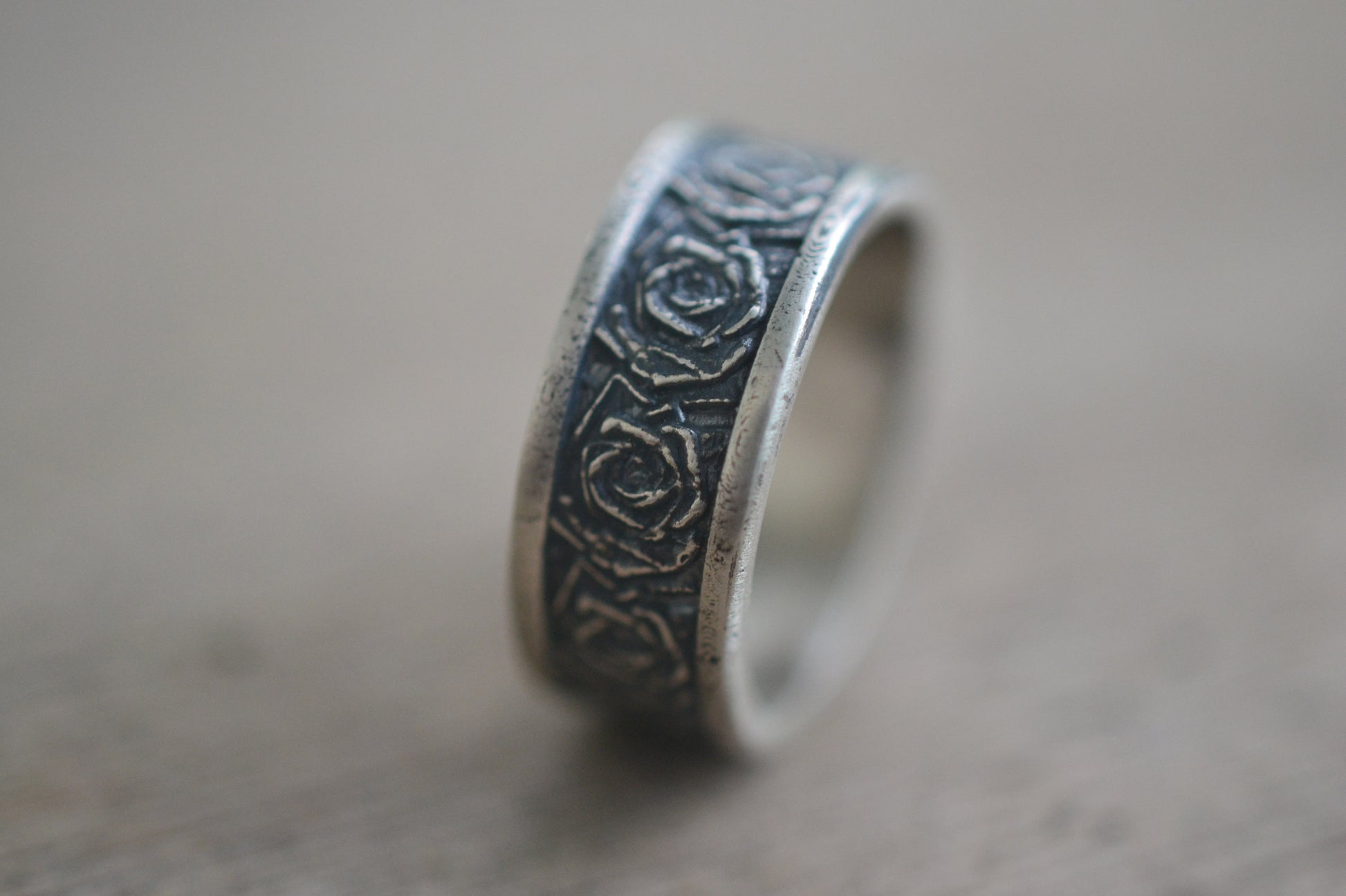 Gothic Silver Rose Wedding Band With Engraving