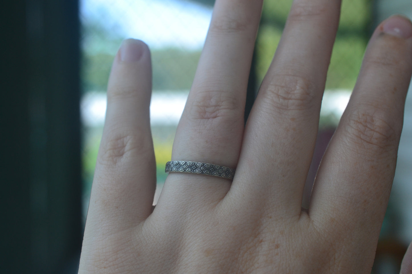 Oxidised Sterling Silver Poesy Flower Band