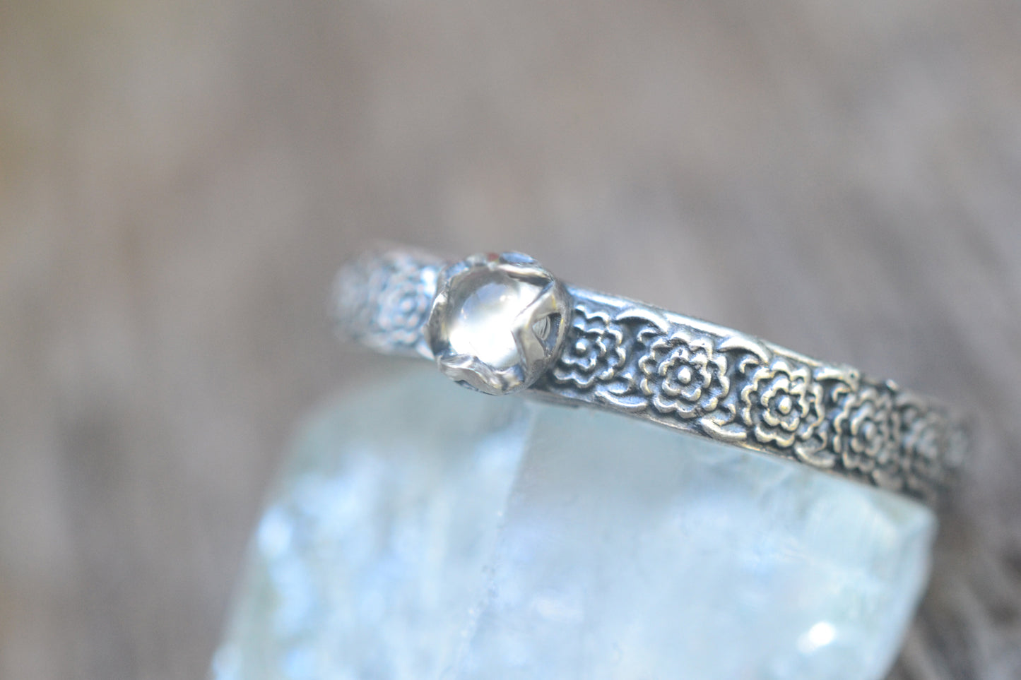 Dainty White Moonstone Ring With Floral Pattern