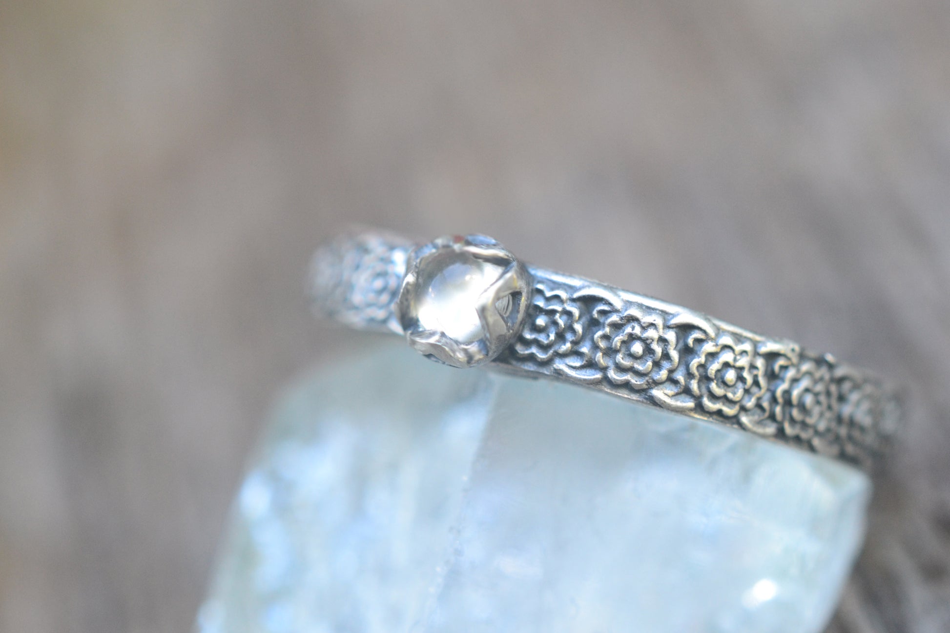 Dainty White Moonstone Ring With Floral Pattern