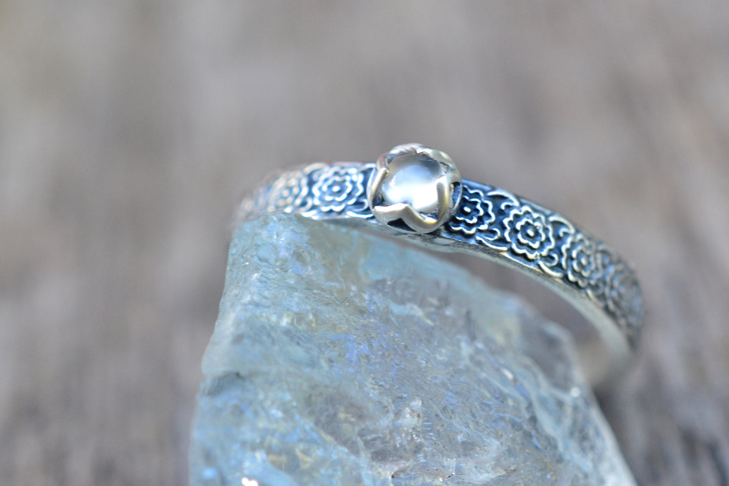 Oxidised Flower Ring With Tiny White Moonstone