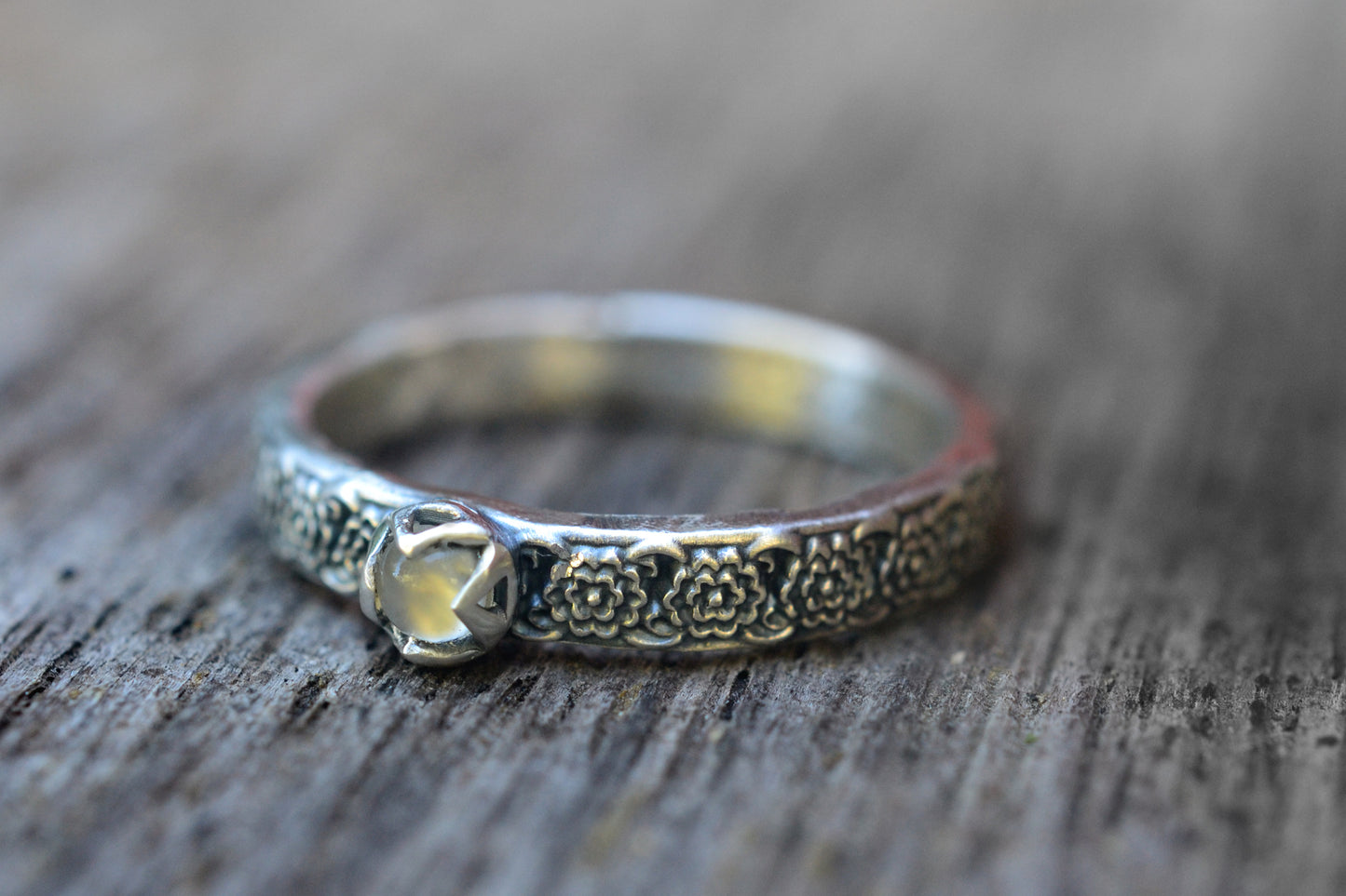 Natural White Moonstone Floral Stacking Ring
