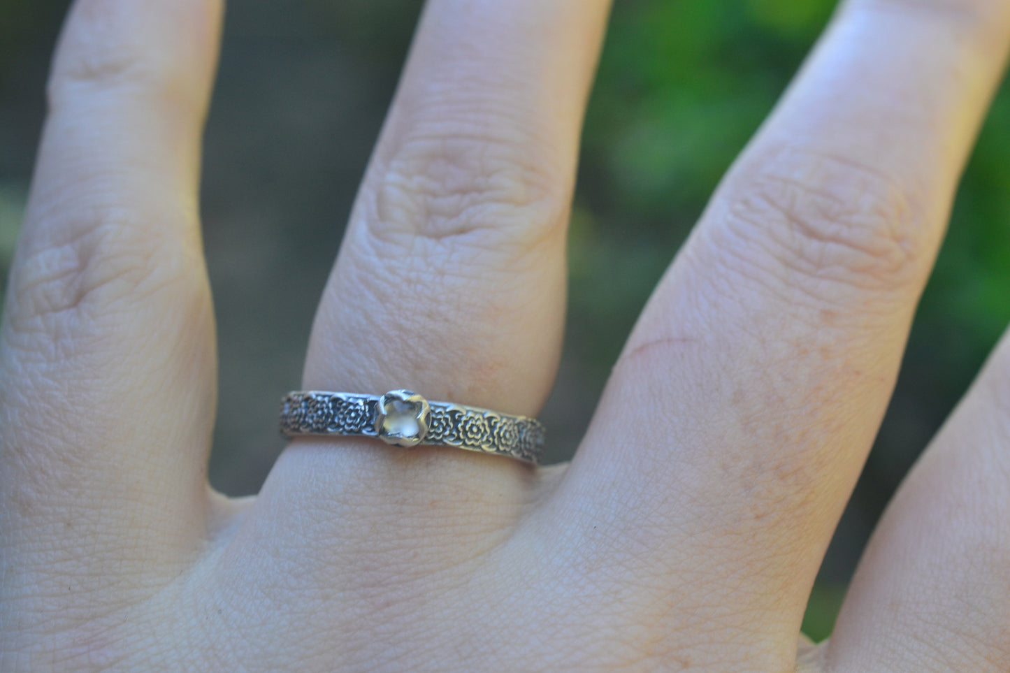 Dainty White Moonstone Gothic Flower Stack Ring