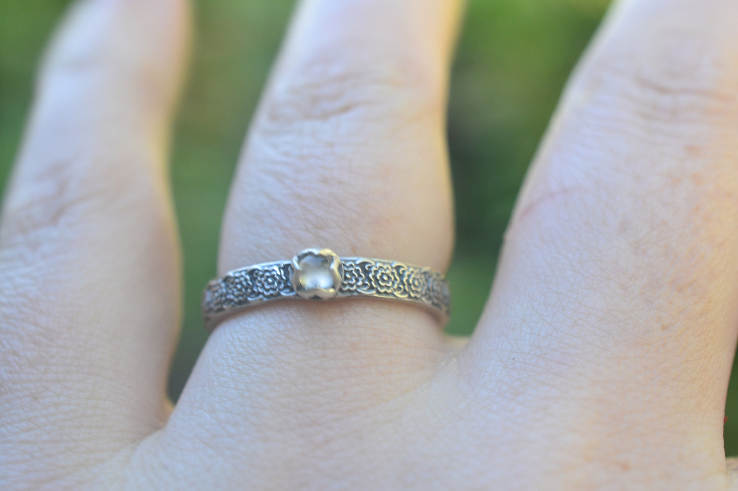 White Moonstone Chrysanthemum Ring In Oxidised Silver