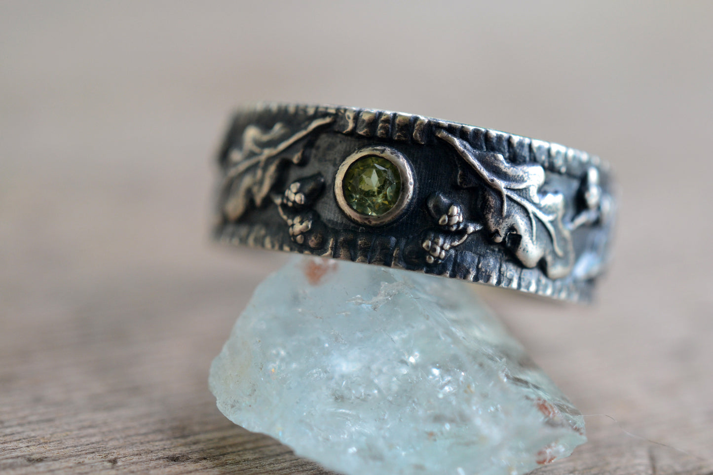 Oak & Acorn Wedding Ring With 3mm Peridot