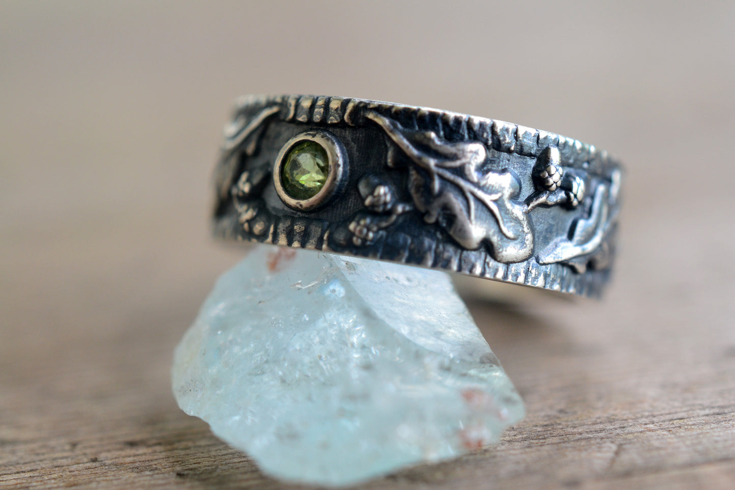 Peridot Wedding Band With Oak Leaf Pattern