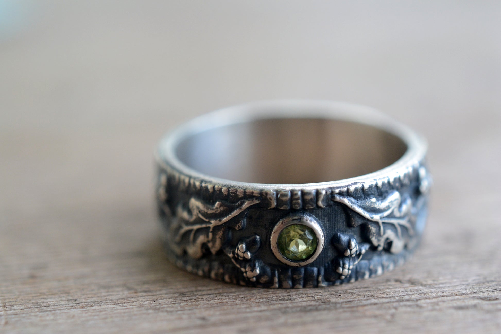 Oak Leaf Wedding Ring With Inset Peridot