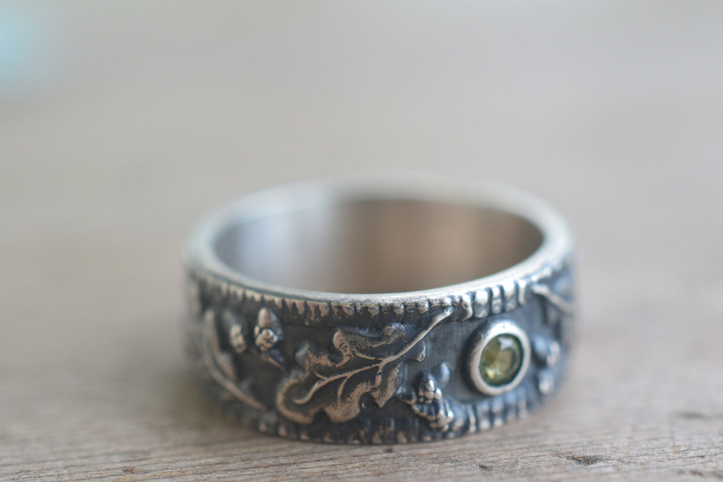 Mens Peridot Wedding Band With Acorns