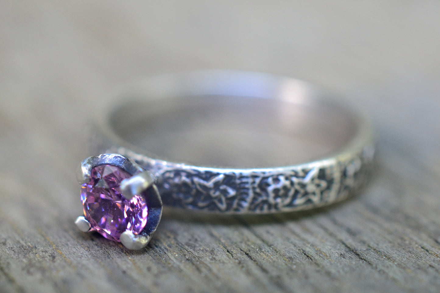 Pink Cubic Zirconia Ring in Oxidised Silver