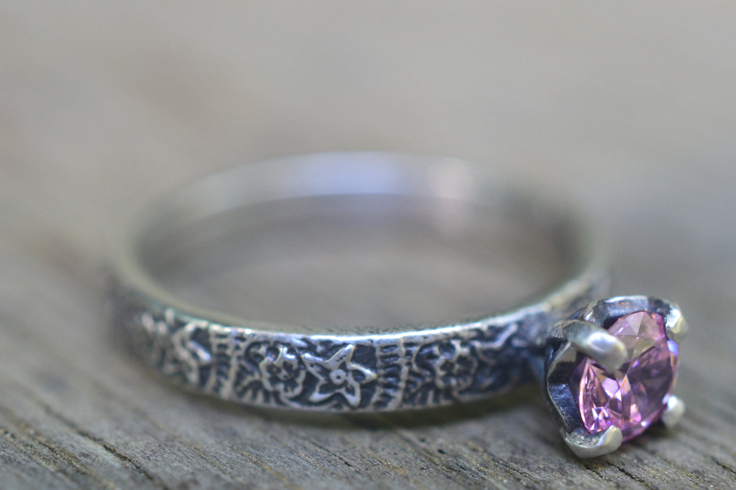Gothic Oxidised Silver Flower Ring With Gemstone