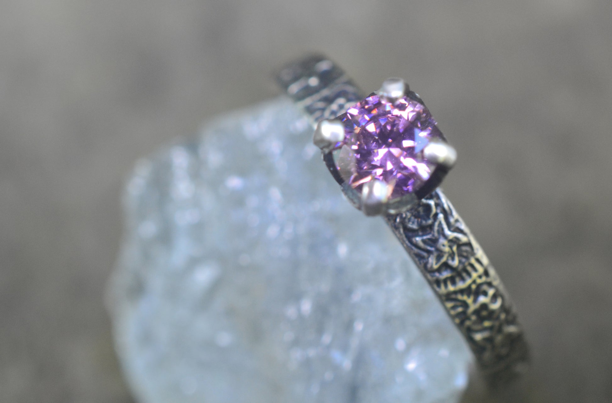 Oxidised Silver Floral Pink Cubic Zirconia Ring