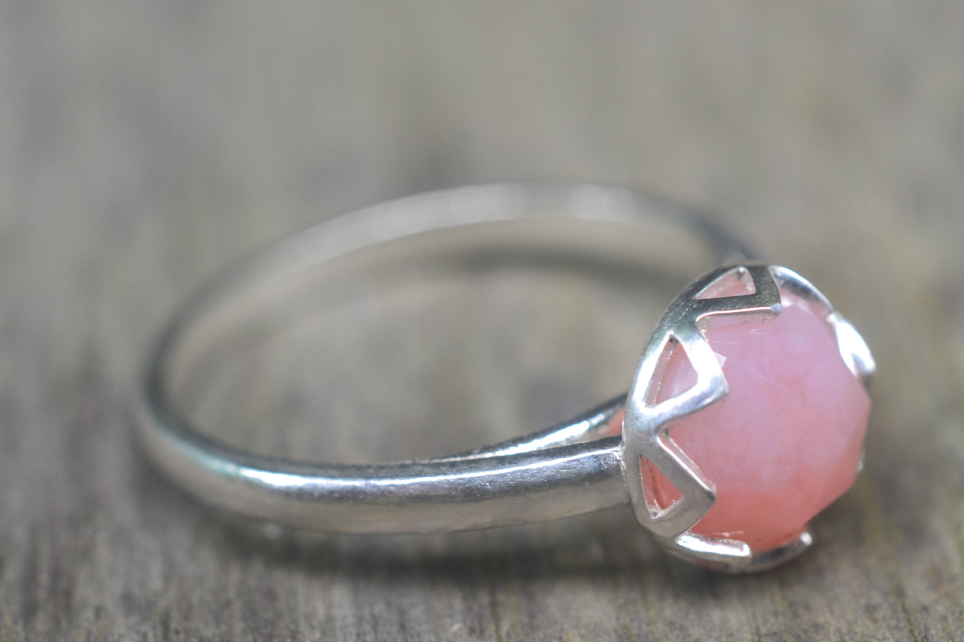 8mm Round Rose Cut Pink Opal Ring in Silver