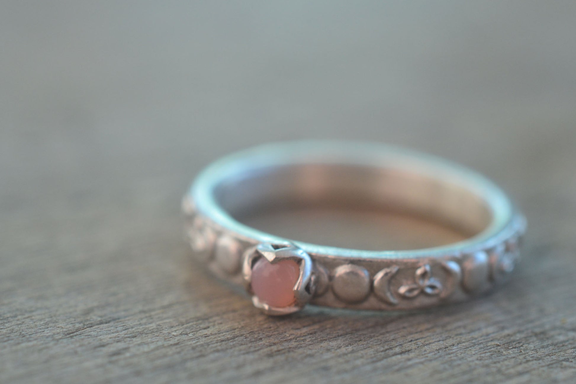 925 Silver Celtic Moon Ring With Pink Opal